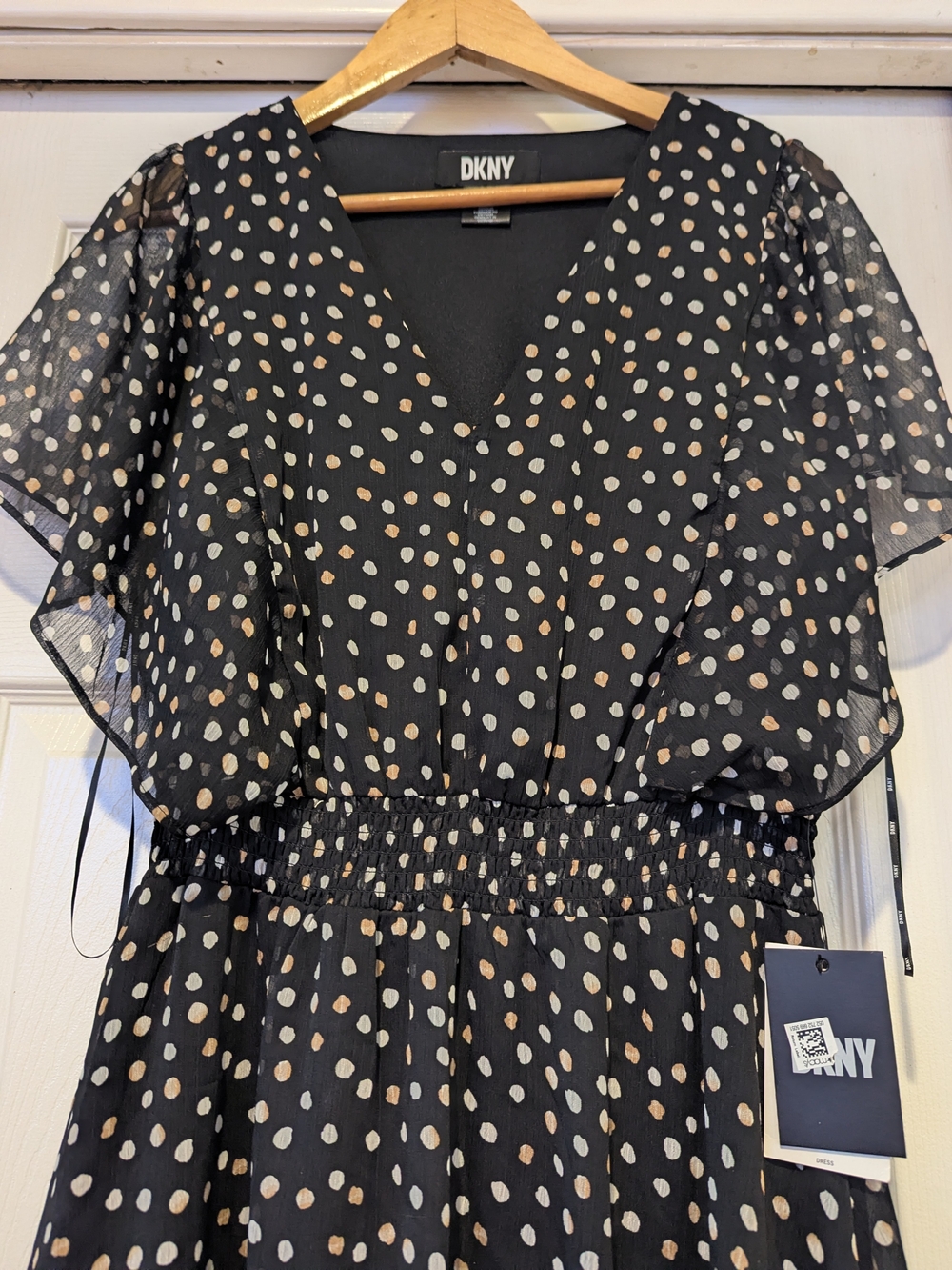 DKNY Black V-Neck Polka Dot Smocked Waist Blouse
